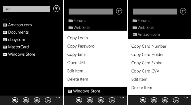 Main screen filter usage, context menus